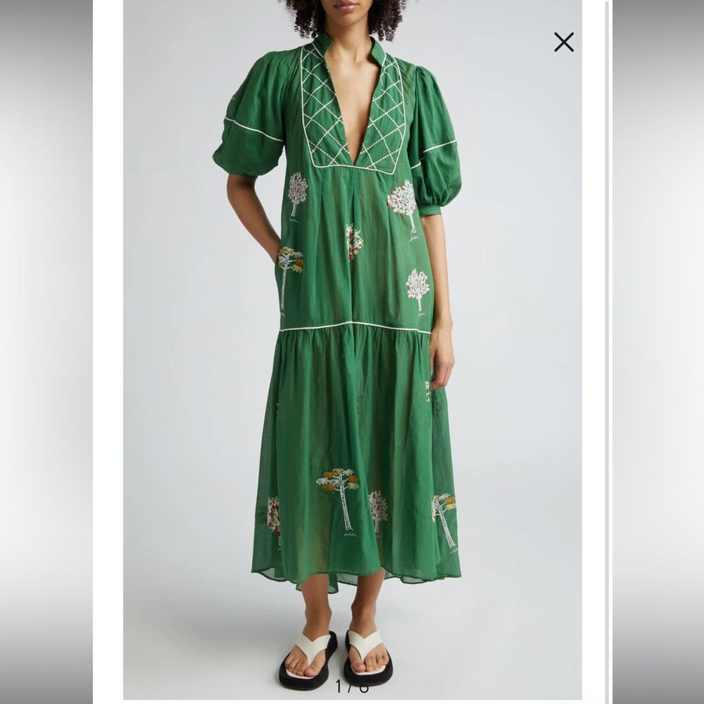 Farm Rio green embroidered trees organic cotton midi dress